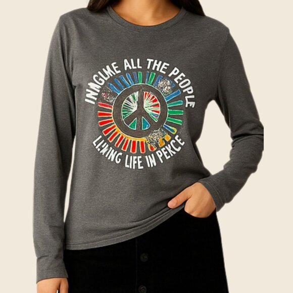 Imagine Peace Long Sleeve Top Size XL Gray Retro Musiccore Style - Picture 9 of 11